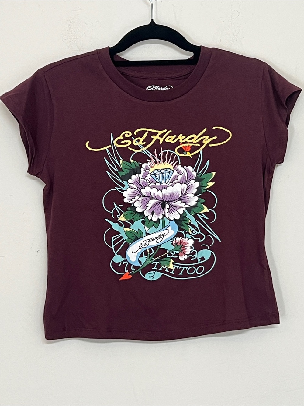 🌞 Ed Hardy Burgundy 2 sided Graphic Tee Floral Tattoo Design women jr size L